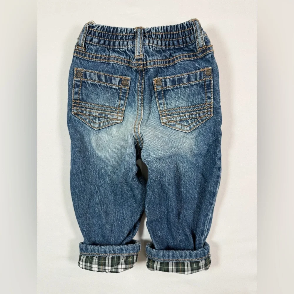 GYMBOREE Baby Boys' Green Tartan Plaid Cuff Knee Patch Jeans Cotton Rustic 6-12M